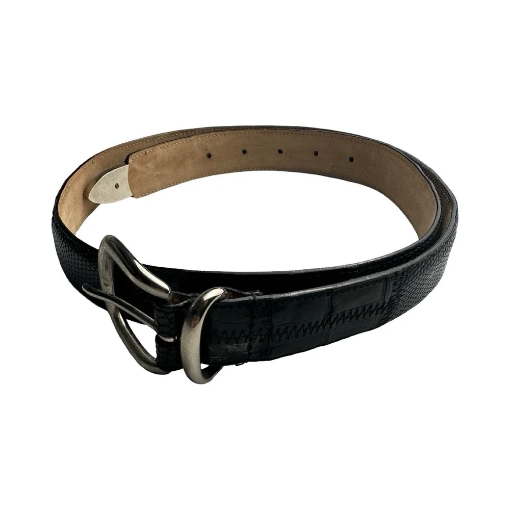 Bespoke Black Alligator Lizard Patchwork Mens Brass Buckle Belt 36 Made in USA